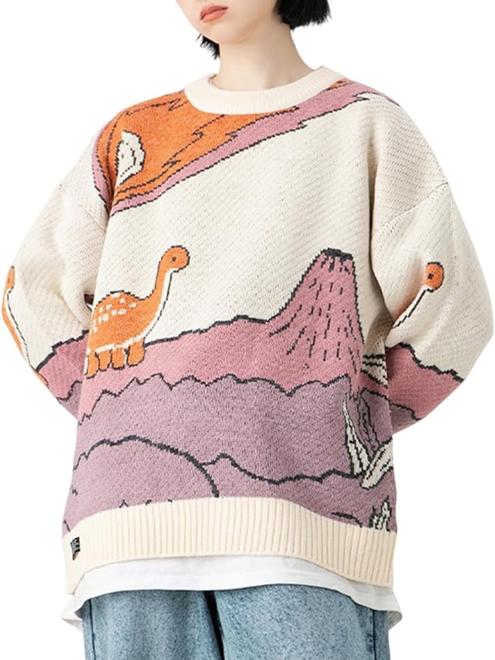 Whimsical Dinosaur Crewneck Sweater - Pink, Cream & Mustard M